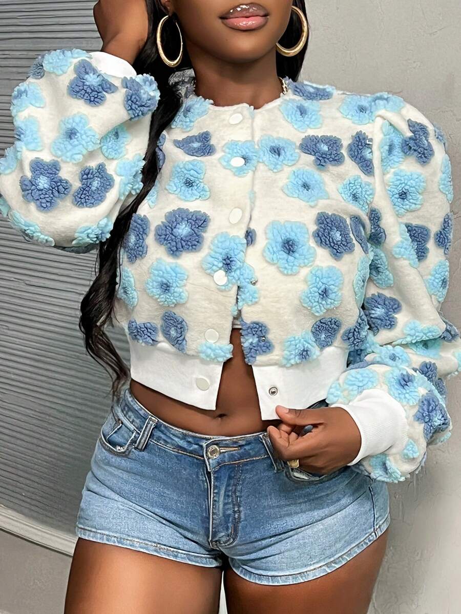 Slaydiva Women's Elegant Jacquard Pattern Short Single-Breasted Puff Sleeve Jacket, Autumn/Winter