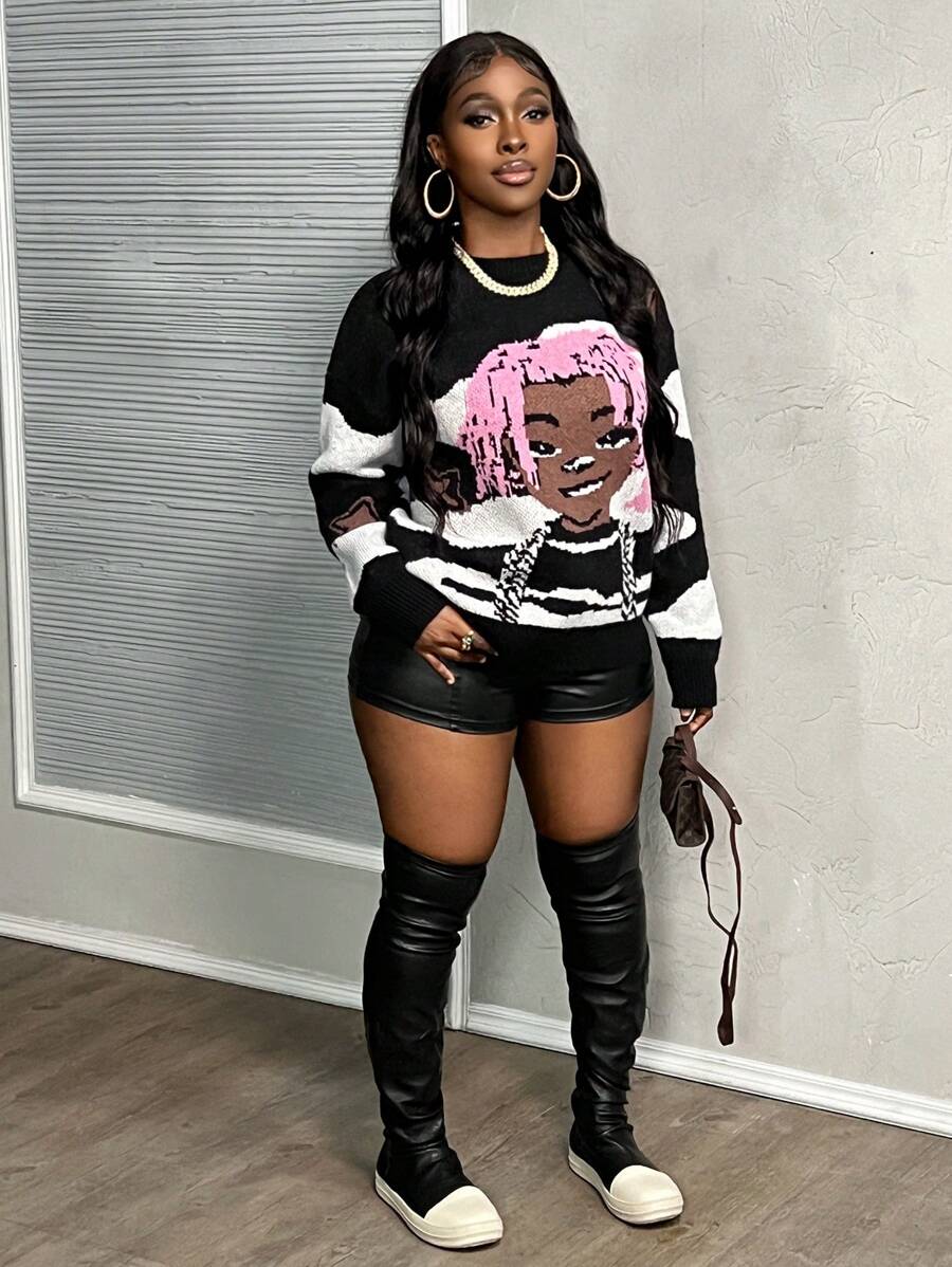 Slaydiva Women's Fashionable Contrast Color Cartoon Pattern Sweater, Autumn Winter - Black - View 1