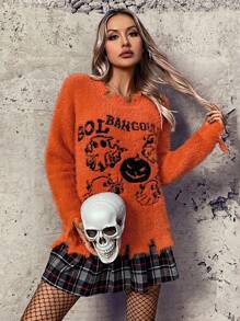 Chiquease 2024 New Halloween Fluffy Knit Cute Fall Orange Ghost Pattern Women Sweater, Knit Pullover Fall Winter - Burnt Orange - View 6