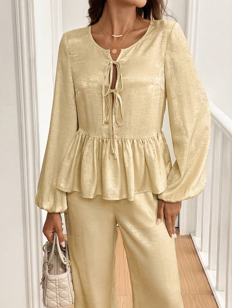 SHEIN Clasi 2pcs Set: Solid Color Front Tie Long Sleeve Frill Minimalistic Blouse & Long Pants Fall Cloth For Women - Gold - View 1