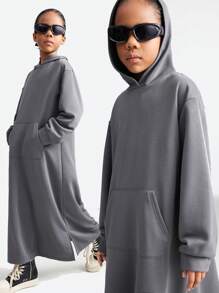 SHEIN Tween Girls Fall/Winter Basic Keep Warm Grey Over Size With Pockets Hoodies Sweatshirt - Dark Grey - View 1