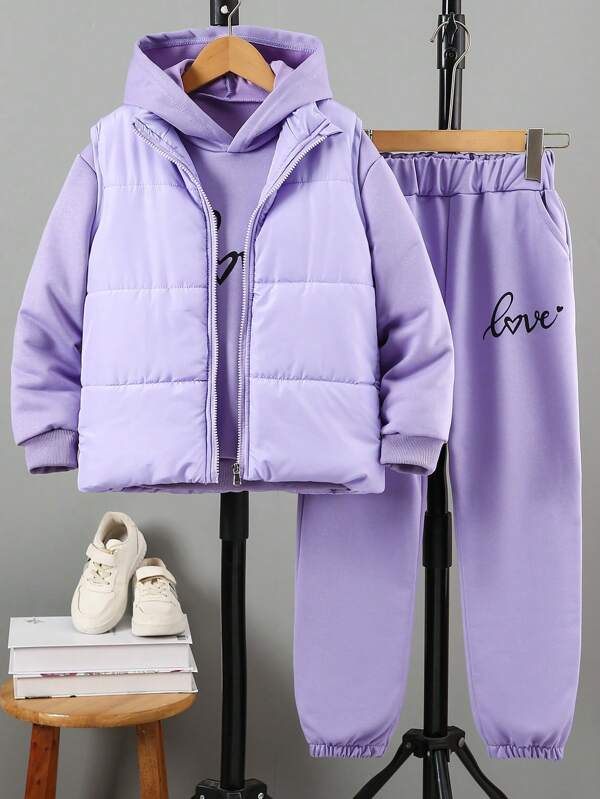 SHEIN 3-teiliges Set für Tween-Mädchen: Winterweste mit Füllung in Unifarbe, Kapuzenpullover mit Buchstaben-Aufdruck und lockere Hose