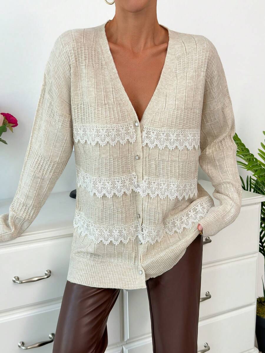 SHEIN Cottnline Knitwear Elegant Cardigan With Laces And Fancy Buttons - Beige - View 1