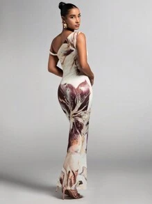 SHEIN BAE Đầm hở vai bất đối xứng in họa tiết hoa phong cách nghỉ dưỡng thanh lịch cho nữ, mùa hè - Nhiều màu - Xem 2