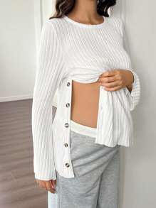 SHEIN 孕妇纯色圆领长袖休闲哺乳上衣 - 白色 - 查看 5