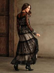 Anewsta Women's Elegant Butterfly Lace Dress With Structural Design - Black - View 7