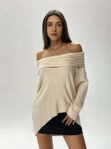 Aloruh 女式纯色露肩不对称下摆休闲宽松针织毛衣，秋冬 - 杏色 - 查看 4