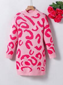 Tween Girl 粉色豹纹圆领长袖毛衣裙，时尚中长针织裙，秋冬 - 粉色 - 查看 1