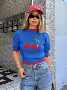 Forever 21 Jesień i zima Kobiety Żółty i czerwony dzianinowy wiśniowy graficzny/Halloween/Boże Narodzenie/Golf/Uroczy/Stroje panieńskie/Vintage/Podstawowe/Okrągły dekolt/Powrót do szkoły/Powrót do domu/Kontrast kolorów/Swobodny/Krótkie rękawy/Podstawowy/Rękawy bufiaste/Sweter