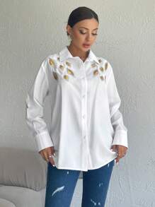 EURMUSE Golden Feather Glimmer Lapel Front Button Long Sleeve Blouse - White - View 6