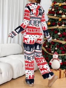 SHEIN SHEIN Maternity Christmas Pregnant Women's Winter Snowflake & Deer Print Hooded Long Sleeve Jumpsuit