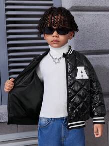 SHEIN Explorewe 2pcs Young Boys Classic Letterman Jacket With Embroidered Patch,Ribbed Collar & Cuffs,Winter,Career Day,Back-To-School - Black - View 3