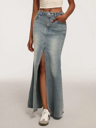 Forever 21 Vintage Tvättad Låg Fisksvans Slit Maxi Casual kjol, höst/vinter