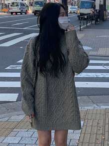 DAZY 女士纯色圆领长袖针织毛衣连衣裙，秋冬 - 灰色 - 查看 8