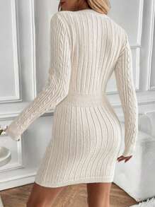 SHEIN LUNE 女士休闲宽松针织纽扣毛衣连衣裙 - 杏色 - 查看 2