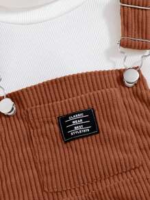 SHEIN 2 件装年轻女孩休闲背带裙，带细节肩带和长袖上衣套装，春秋季 - 棕色 - 查看 5