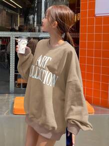 DAZY 女士休闲字母印花抓绒卫衣，秋季服装，冬季 - 卡其色 - 查看 2