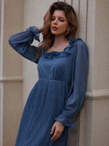 EMERY ROSE Vestido elegante de gasa con cuello de volantes y plisados - Azul - Ver 2