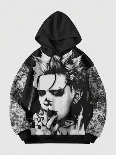 Street Life Felpa con cappuccio e laccetti in pile con stampa di caratteri alla moda, per uomo, autunno inverno