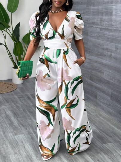 Slaydiva 女式 V 领花卉印花连体裤，带口袋，宽腿，宽松版型，适合办公室穿着和度假