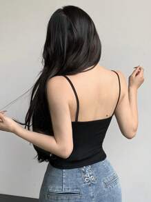 Joudiya 女式 3D 蝴蝶结装饰吊带背心修身背心学院风上衣 - 黑色 - 查看 5