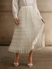 Anewsta Jupe mi-longue plissée à motif géométrique urbaine pour femme - Beige - Voir 6