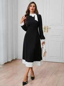 SHEIN Clasi Women's Urban Elegance Daytime Social Black&White Contrasting Collar Tie Waist A-Line Dress