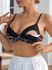 Moonlight&Mama Maternity Pastoral Butterfly Print Contrast Lace Front Closure Bra, Lingerie - Black - View 1