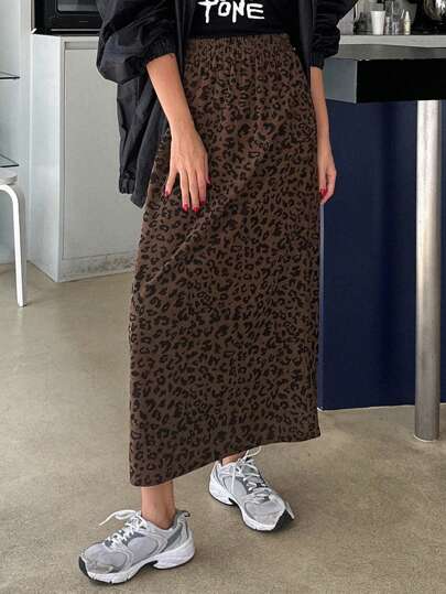 DAZY 女士灯芯绒纹理豹纹长直筒裙秋季款