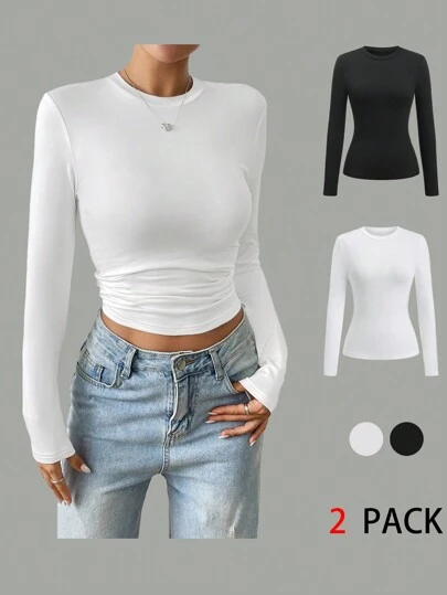 SHEIN PETITE 女士纯色圆领长袖褶皱休闲 T 恤，春夏