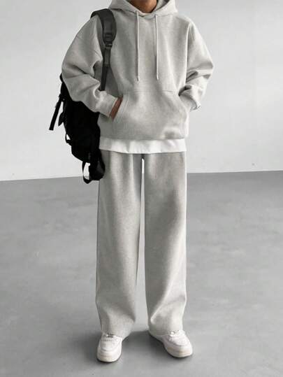 DAZY 2 件男士纯色长袖连帽运动衫，带口袋，休闲长裤套装，秋冬