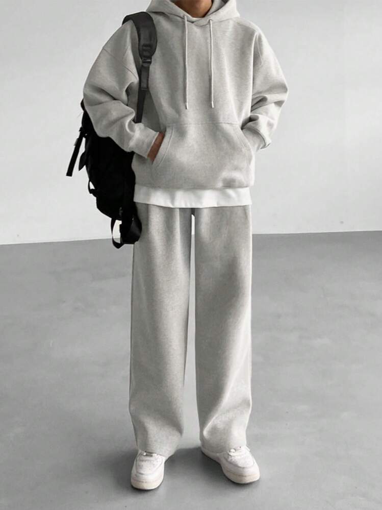 DAZY 2 piezas Conjunto de sudadera con capucha de manga larga y unicolor con bolsillos y pantalones largos casuales para otoño e invierno para hombres - Gris - Añade 1