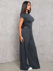 SHEIN PETITE Dark Gray Knitted Women's Slim Fit Suit - Grey - View 4