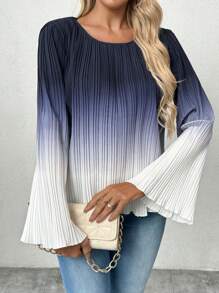 Allurite Women's Elegant Ombre Pleated Flare Sleeve Blouse, Spring Autumn
