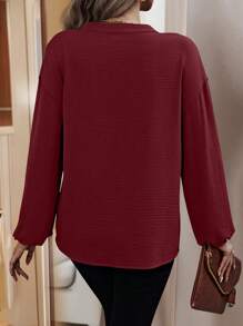 SHEIN LUNE Long Sleeve Casual Hollow Out Embroidery Patchwork Shirt, Spring Autumn - Burgundy - View 2