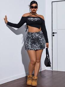 SHEIN ICON Plus Size Women Leopard Print Cargo Pocket Fashionable Denim Mini Skirt - Multicolor - View 3