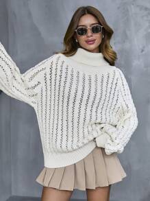 Suéter holgado informal de manga raglan con cuello de tortuga y abertura
