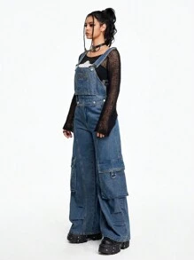 ROMWE Grunge Punk Women's Casual Washed Denim Overalls With 3D Pockets, Detachable 2-Way Wear - Blue - View 6