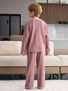 2 件青少年男孩优雅条纹睡衣套装，粉色长袖衬衫和裤子，舒适家居服 - 粉色 - 查看 2