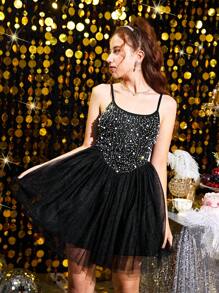 SHEIN Leap Crew Teen Girl's Black Rhinestone & Beaded Mesh Contrast Elegant Ruffle Short Party Dress - Black - View 11