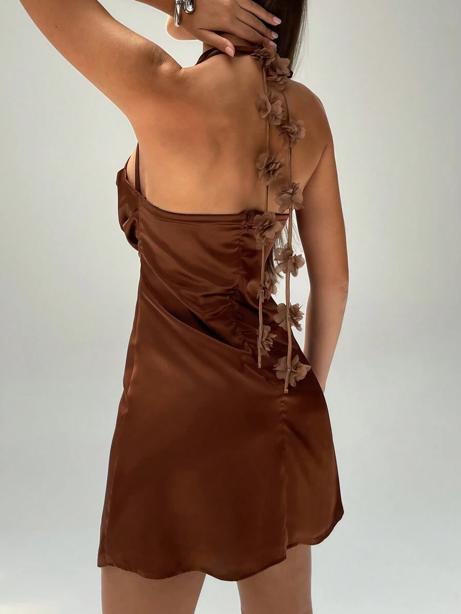 Aloruh Women's Solid Color Halter Backless Sleeveless Dress - Rust Brown - View 1