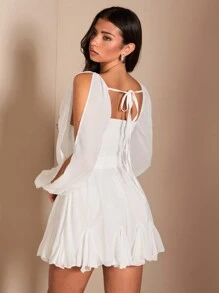 SHEIN BAE 黑色纯色露背蝴蝶结灯笼袖开衩长袖透明轻薄夏季休闲日常度假连衣裙女士 - 白色 - 查看 2