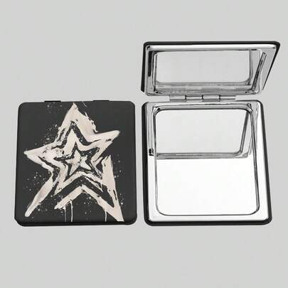 ROMWE Grunge Punk 1pc Black Square Mirror With Random Positioning Star Print, Portable Handheld Makeup Mirror For Girls