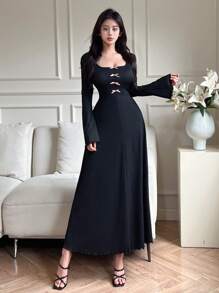 Mulvari Women's Solid Color Long Sleeve Bowknot Decor Long Casual Dress