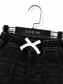 SHEIN Jeans negros elásticos de cintura cómoda y elástica para uso diario y vuelta al colegio, ropa casual de moda para niños, jeans negros para niños - Negro - Ver 4