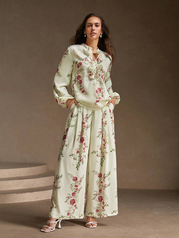 Elegant Vintage Floral Print Women's Trousers, French Style