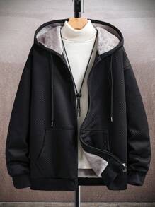 Manfinity EMRG 男士纯色纹理保暖内衬休闲连帽夹克，秋冬 - 黑色 - 查看 3