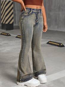 SHEIN Tween Girl Y2K 2000s Retro Stonewashed Vintage Denim Flare Leg Jeans, Fall Back To School Streetwear - Medium Wash - View 4