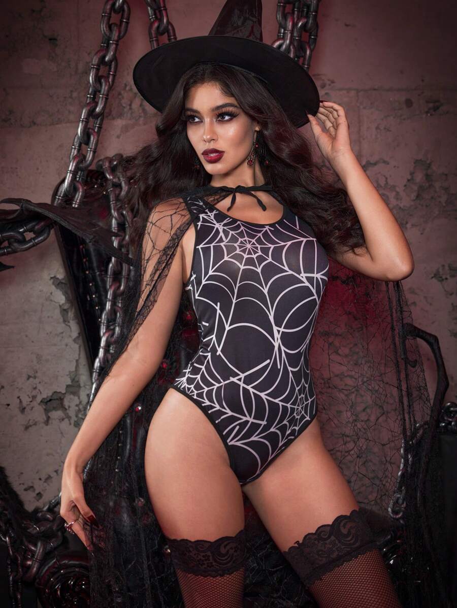 女士蜘蛛网万圣节服装 - 黑色 - 查看 1
