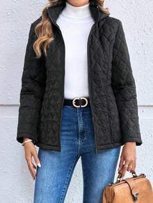 EMERY ROSE Women's Quilted Zip-Up Stand Collar Padded Coat, Fall/Winter - Black - View 5